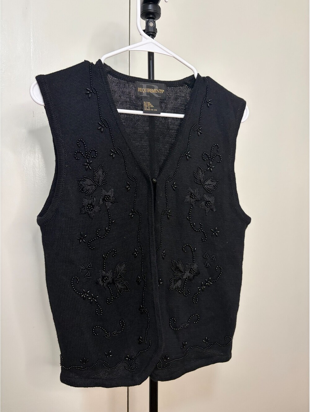 Requirements Black Beaded Knit Sweater Vest Women’s Size S – Floral Embroidery